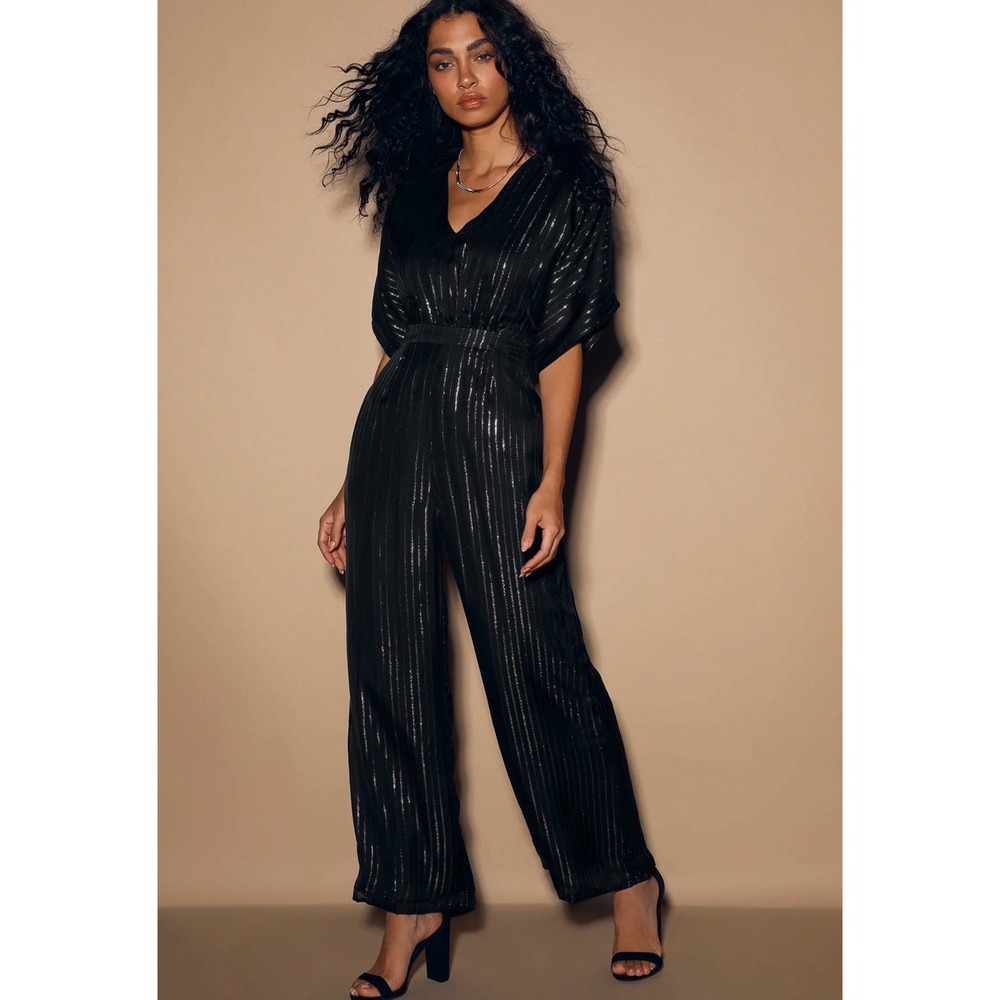 Sage The Label All That Glitters Black Metallic‎ Striped Short Sleeve Jumpsuit